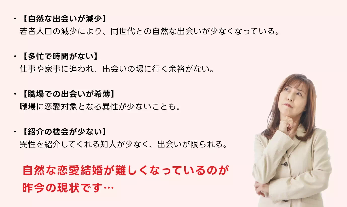 自然な恋愛結婚が難しくなっているのが昨今の現状です…
