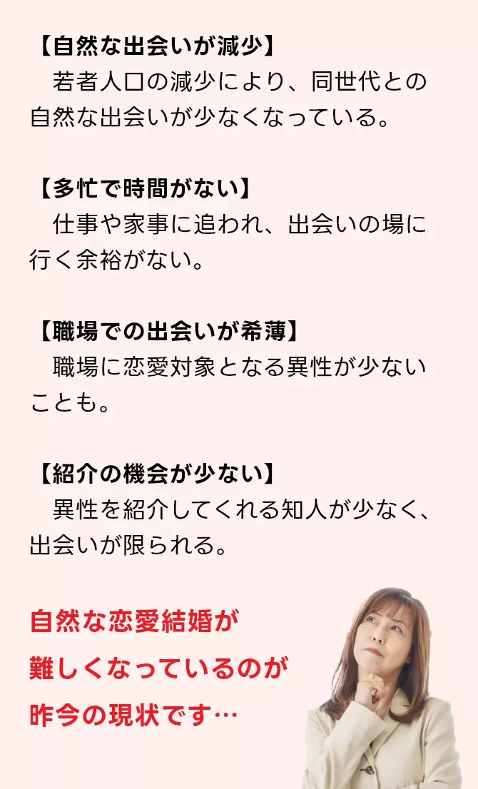 自然な恋愛結婚が難しくなっているのが昨今の現状です…